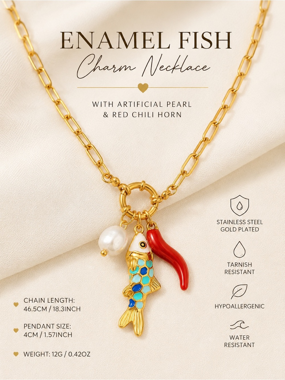 Gold Plated Stainless Steel Fish Pearl & Italian Horn Charm Necklace NWT - Picture 1 of 3